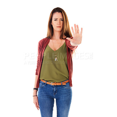 Buy stock photo Angry, portrait and stop hand of woman in studio with protest to harassment, warning or rejection of people. Unhappy, anger and frustrated person with wait sign at isolated white background mockup.

