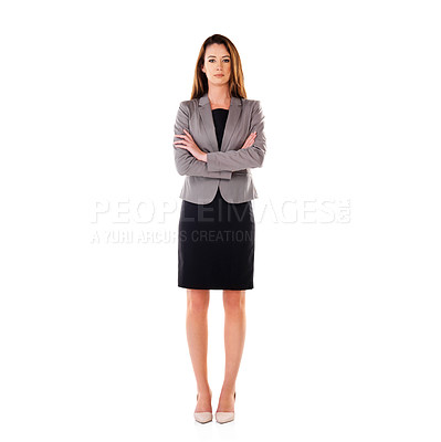 Buy stock photo Expert, corporate and portrait of a woman with arms crossed isolated on a white background. Professional, business and serious employee with arms folded as an executive on a studio background