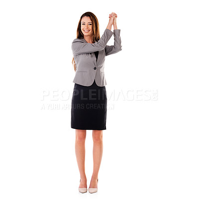 Buy stock photo Portrait, winner or motivation with a business woman in studio isolated on a white background for marketing. Success, goal or promotion with a female worker in celebration of a target on blank space