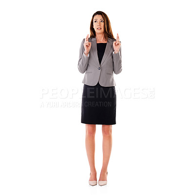 Buy stock photo Fingers crossed, studio and business woman anxiety, stress or nervous for job opportunity, recruitment or feedback. Hope, faith and corporate worker hand sign for hiring isolated on white background