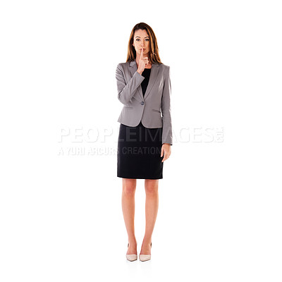 Buy stock photo Secret, quiet and portrait of a business woman isolated on a white background in studio. Silent, corporate and executive employee with finger on mouth for silence hand gesture on a studio background