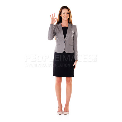 Buy stock photo Business woman, OK and agreement in portrait with yes hand gesture, motivation isolated on white background. Corporate, career and success with vision, mindset and smile in positive feedback mockup