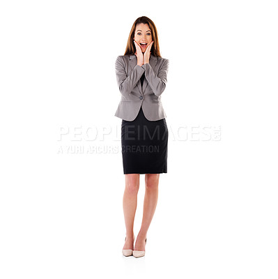 Buy stock photo Wow, surprise and business woman in studio portrait for winning, job opportunity success and feedback. Happy, winner and corporate worker with news for hiring isolated on white background and space