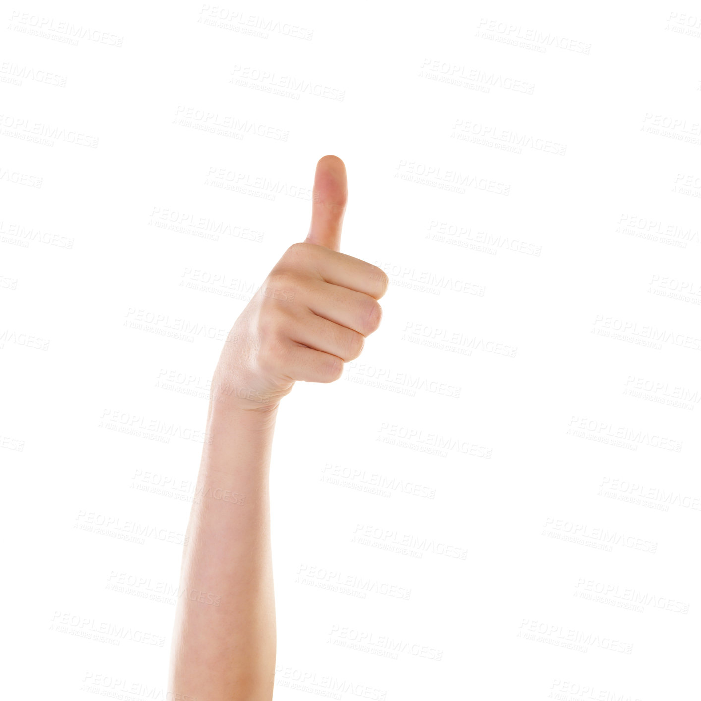 Buy stock photo Thumbs up, hand and winner hands of a person with yes, achievement and motivation gesture. White background, mock up and isolated model in a studio showing agreement, deal and satisfaction signs