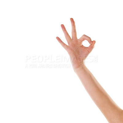 Buy stock photo OK, studio and hand of woman for success, yes or agreement isolated on white background and marketing space. Okay, good and goal achievement sign, emoji or vote with advertising mock up for branding