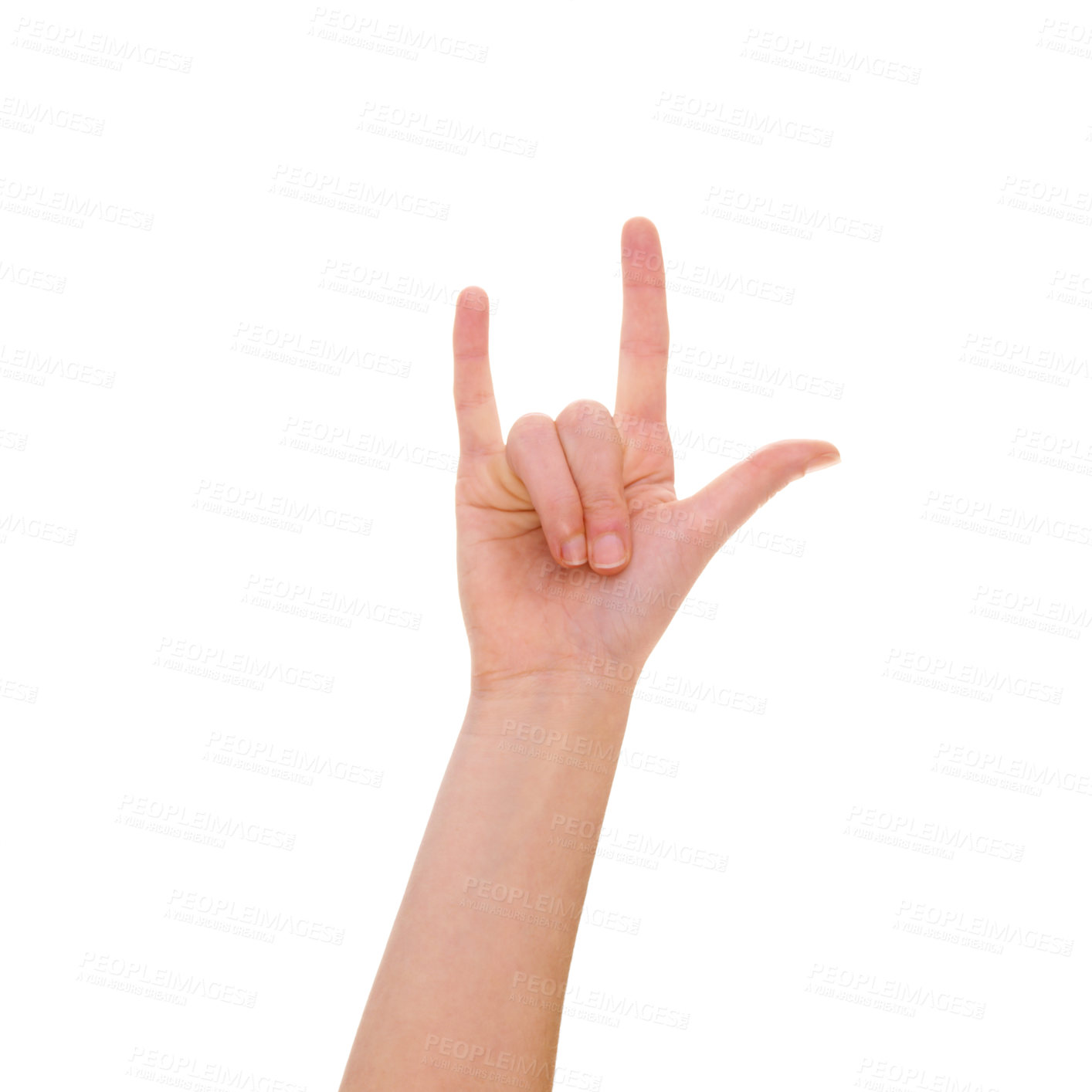 Buy stock photo Rock, sign language and hand of a person with a sign isolated on a white background in studio. Hand gesture, fingers and person talking with hands, confidence and showing on a studio background