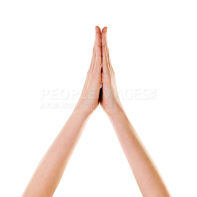 Buy stock photo High five, studio and people hands for success, teamwork or support isolated on white background on marketing space. Prayer, faith and palm together sign or emoji on advertising mock up for winner
