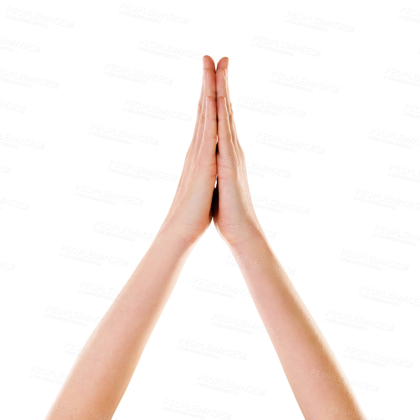 Buy stock photo High five, studio and people hands for success, teamwork or support isolated on white background on marketing space. Prayer, faith and palm together sign or emoji on advertising mock up for winner