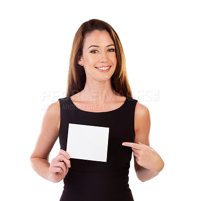 Buy stock photo Mockup, portrait and woman point to card, logo and lady isolated on white studio background. Female, girl or template for brand development, advertising and marketing for sales growth and blank paper