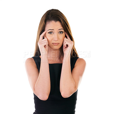 Buy stock photo Woman, headache and studio portrait for anxiety, stress and worried by white background. Isolated model, confused thinking or lost for mental health problem, choice or decision in career, life or job
