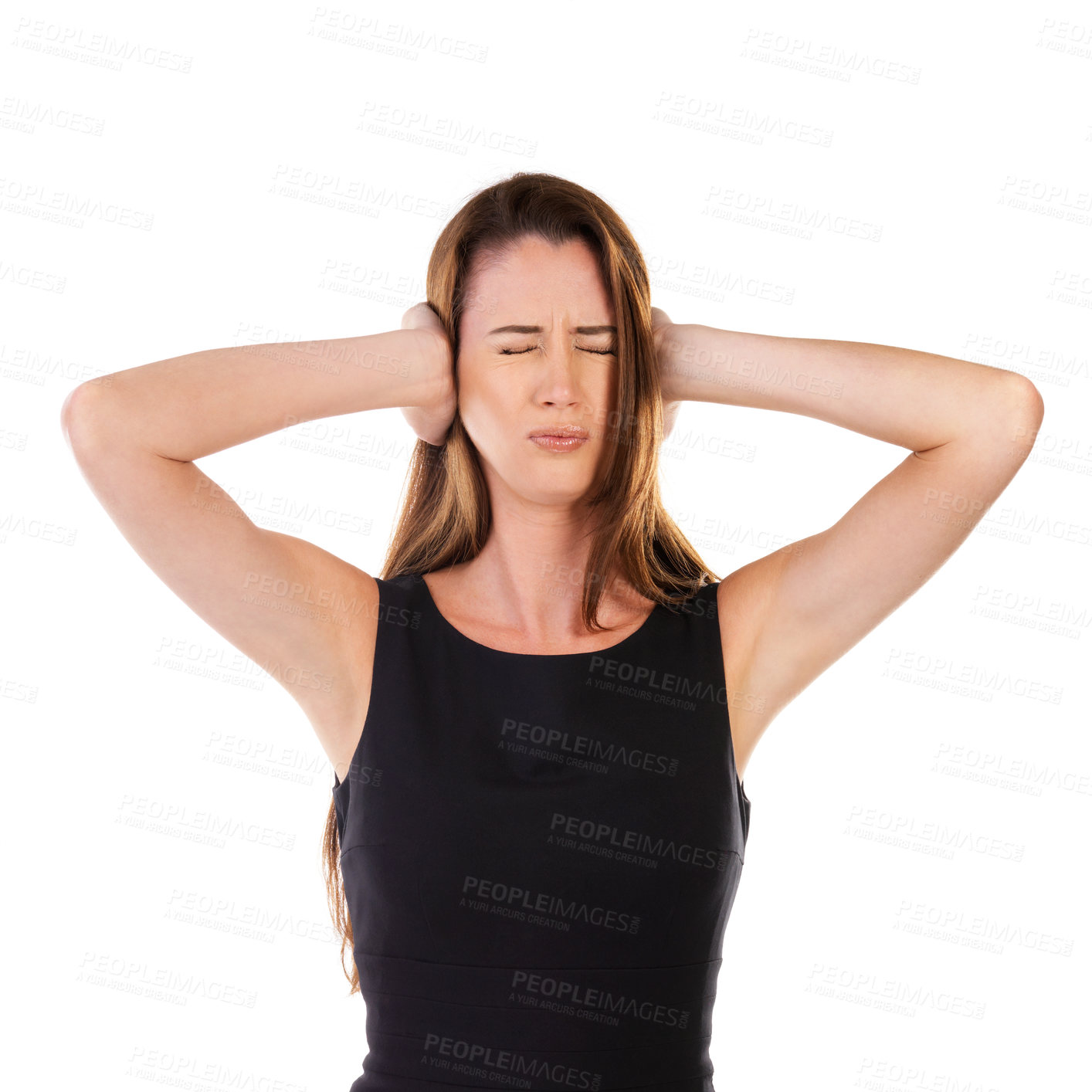 Buy stock photo Woman, covering ears and isolated on a white background standing alone for noise, loud or anxiety. Disturbed female, person or lady with hands on ear and closed eyes to block noisy sounds