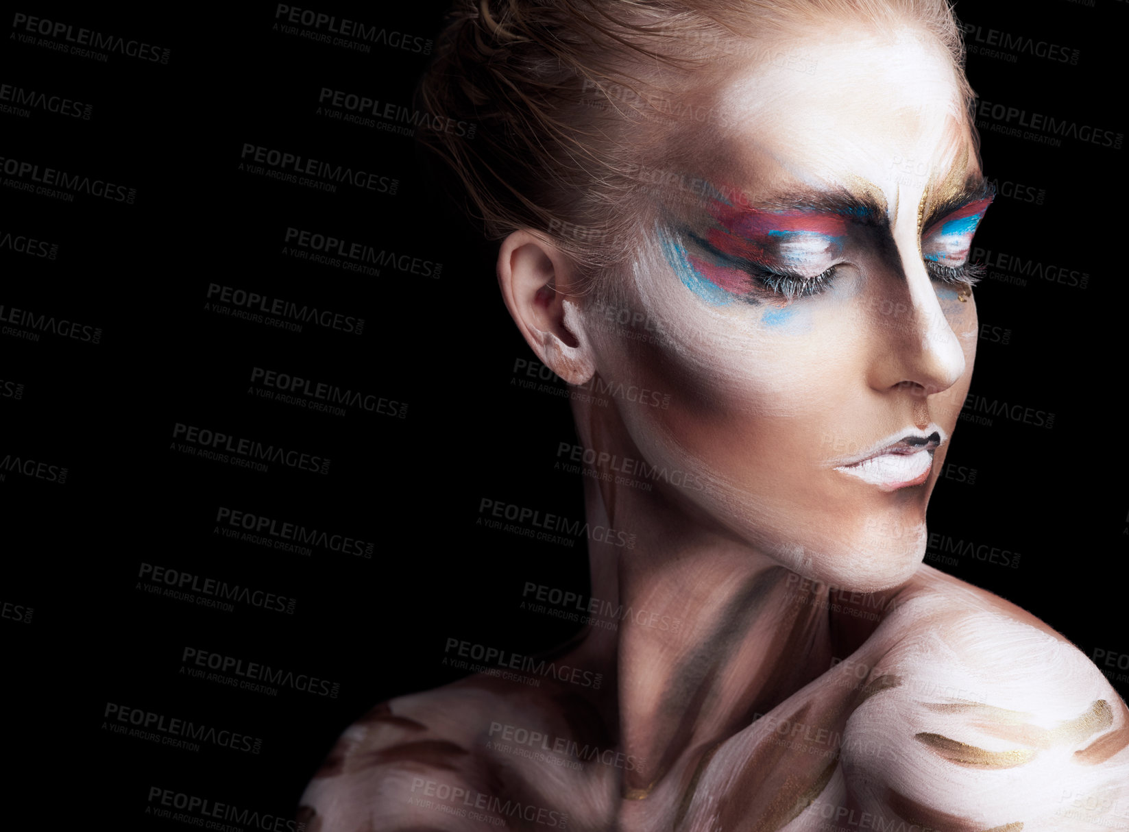 Buy stock photo Girl, face paint and eyes closed in studio with art, fantasy and cosmetics by black background. Person, woman or model with color on skin, surreal and magic with makeup, creativity and halloween