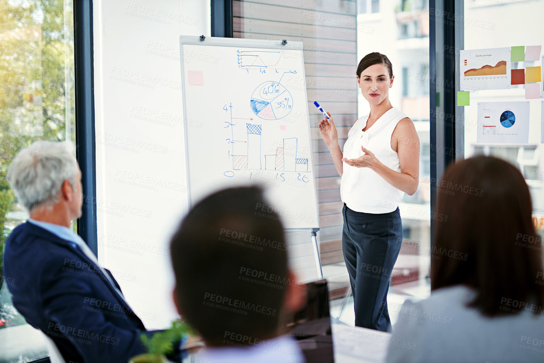 Buy stock photo Business woman, whiteboard and graphs for presentation, collaboration and brainstorming for workshop planning. People, teamwork and office meeting for growth strategy, future and investment for goals