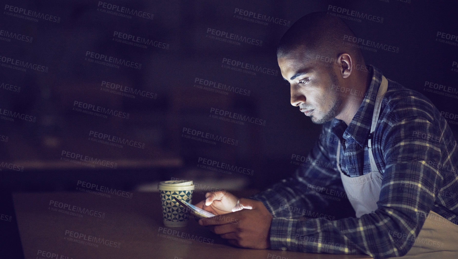 Buy stock photo Small business, night and man in cafe, smartphone and service with typing, connection and startup. Person, entrepreneur and barista with cellphone, evening and communication with website info and app