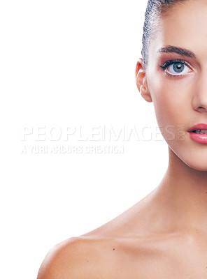 Buy stock photo Studio portrait of a beautiful young woman isolated on white