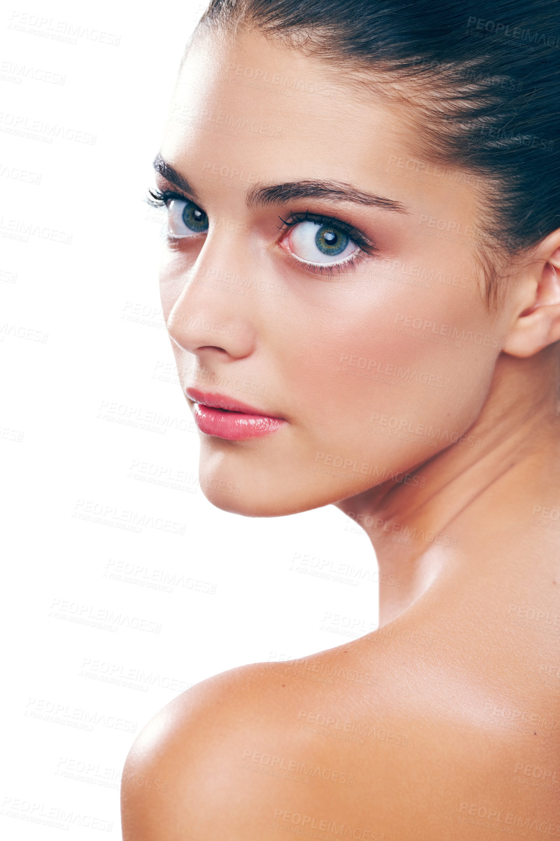 Buy stock photo Shoulder, portrait and skincare with woman in studio for salon, beauty shine and body care. Dermatology, facial glow and spa aesthetic with person on white background for collagen and hydration