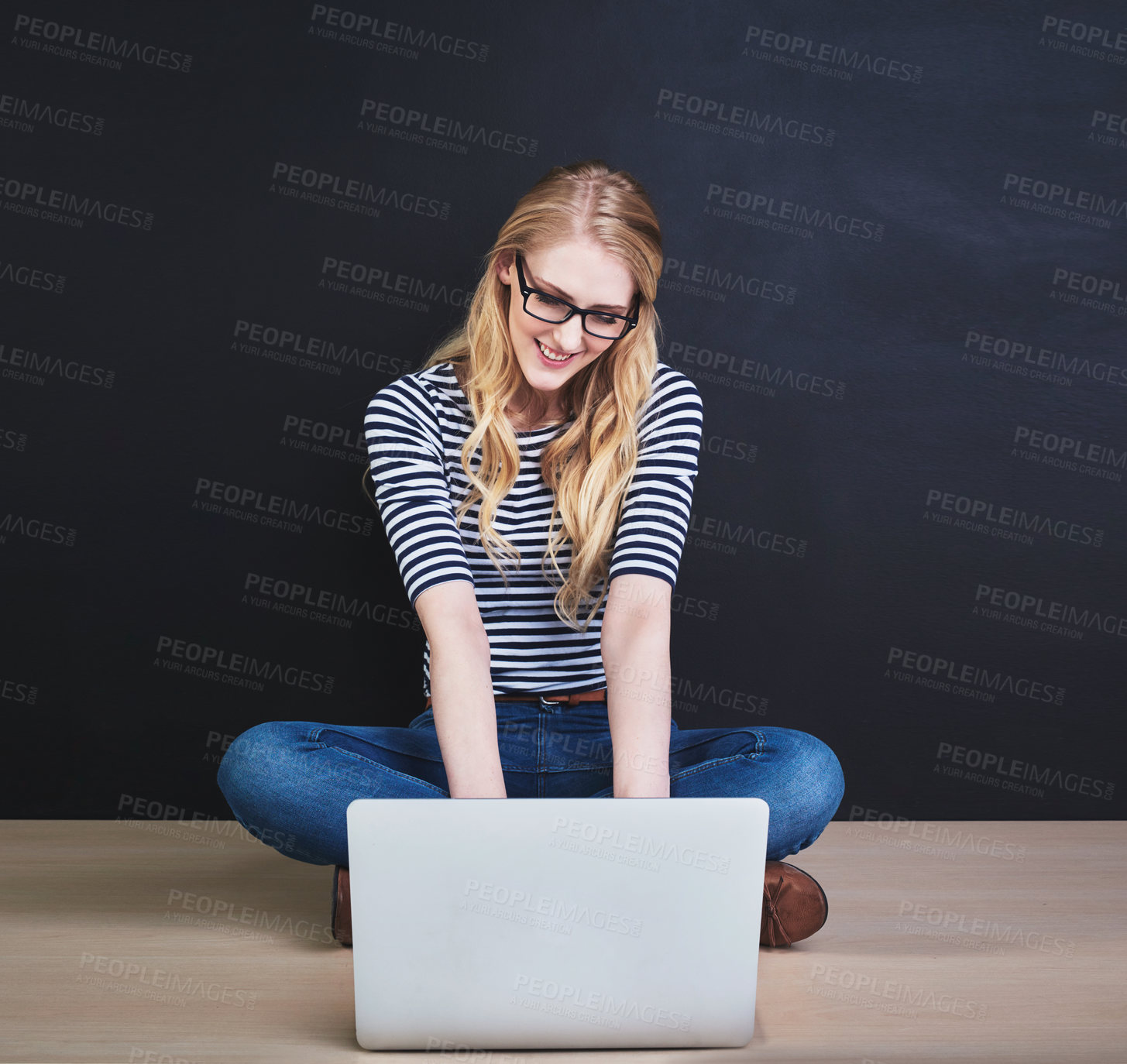 Buy stock photo Woman, student and laptop with smile from elearning, university website and online study. Happy, learner and digital research for college writing project with technology, internet and glasses