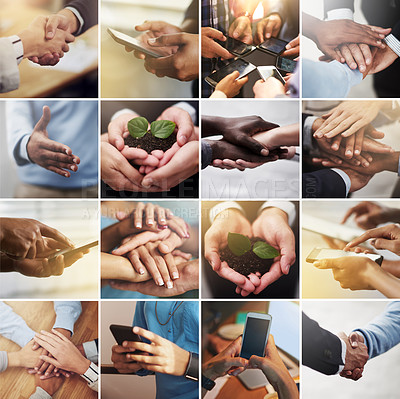 Buy stock photo Composite image of a diverse group of people's hands