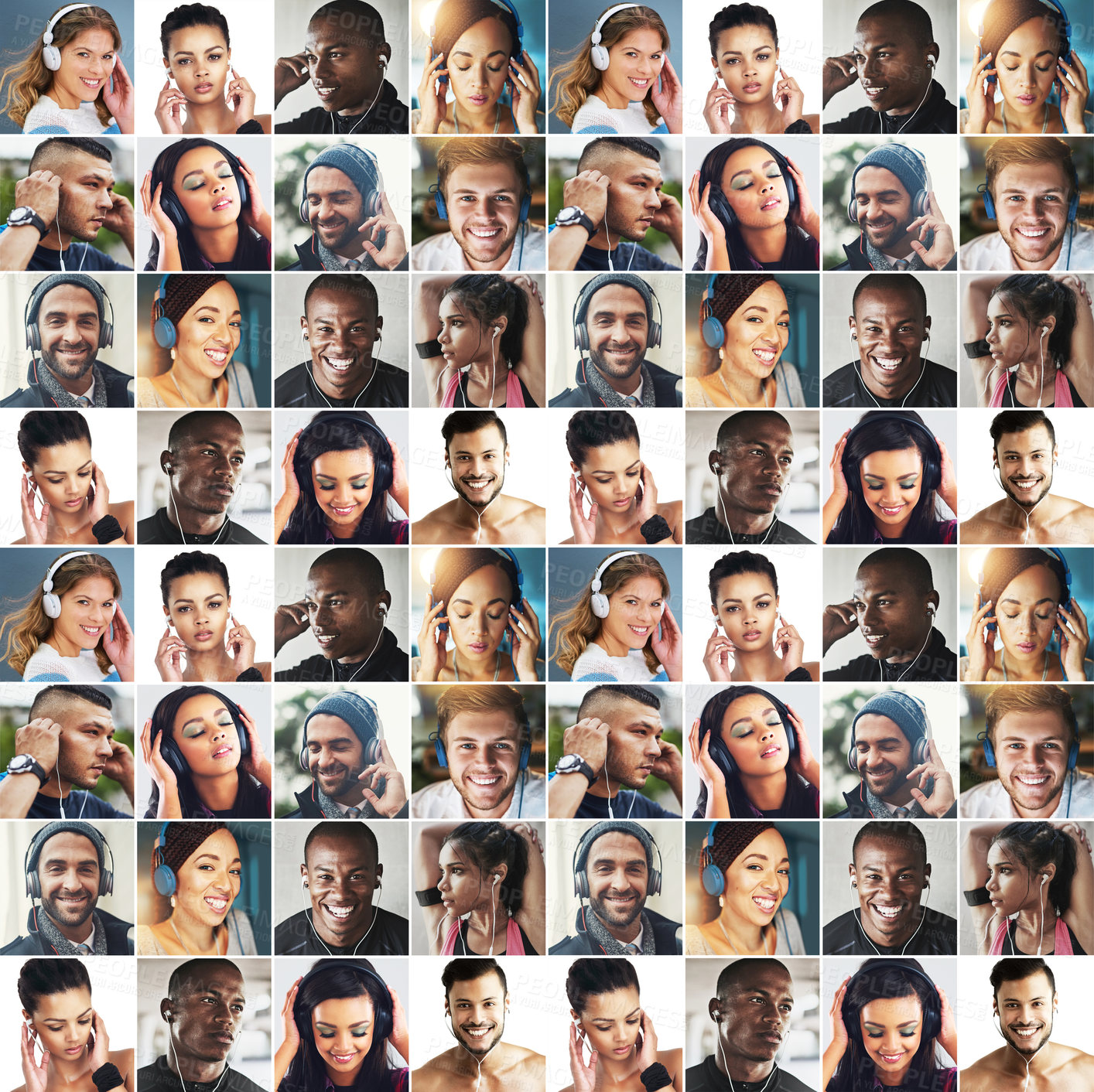 Buy stock photo Composite image of a diverse group of people listening to music