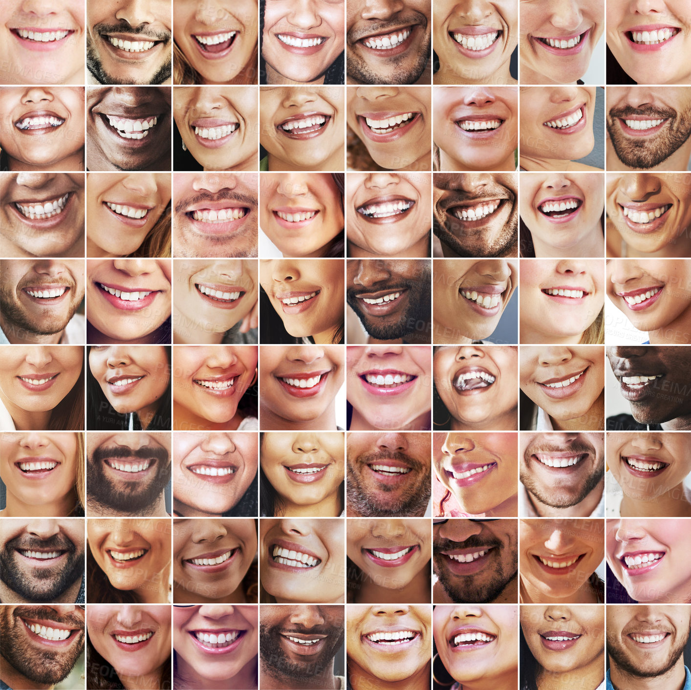 Buy stock photo Dental, care and collage of people with smile, diversity and global healthcare for cosmetic tooth hygiene. Happy group, men and women in mosaic with veneers, teeth whitening or healthy mouth montage