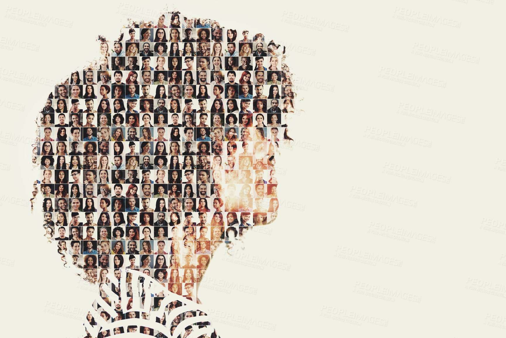 Buy stock photo Composite image of a diverse group of people superimposed on a woman's profile