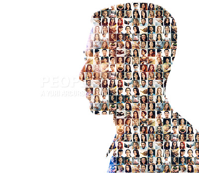 Buy stock photo Composite image of a diverse group of people superimposed on a man's profile