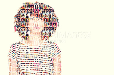 Buy stock photo Composite image of a diverse group of people superimposed on a woman's face