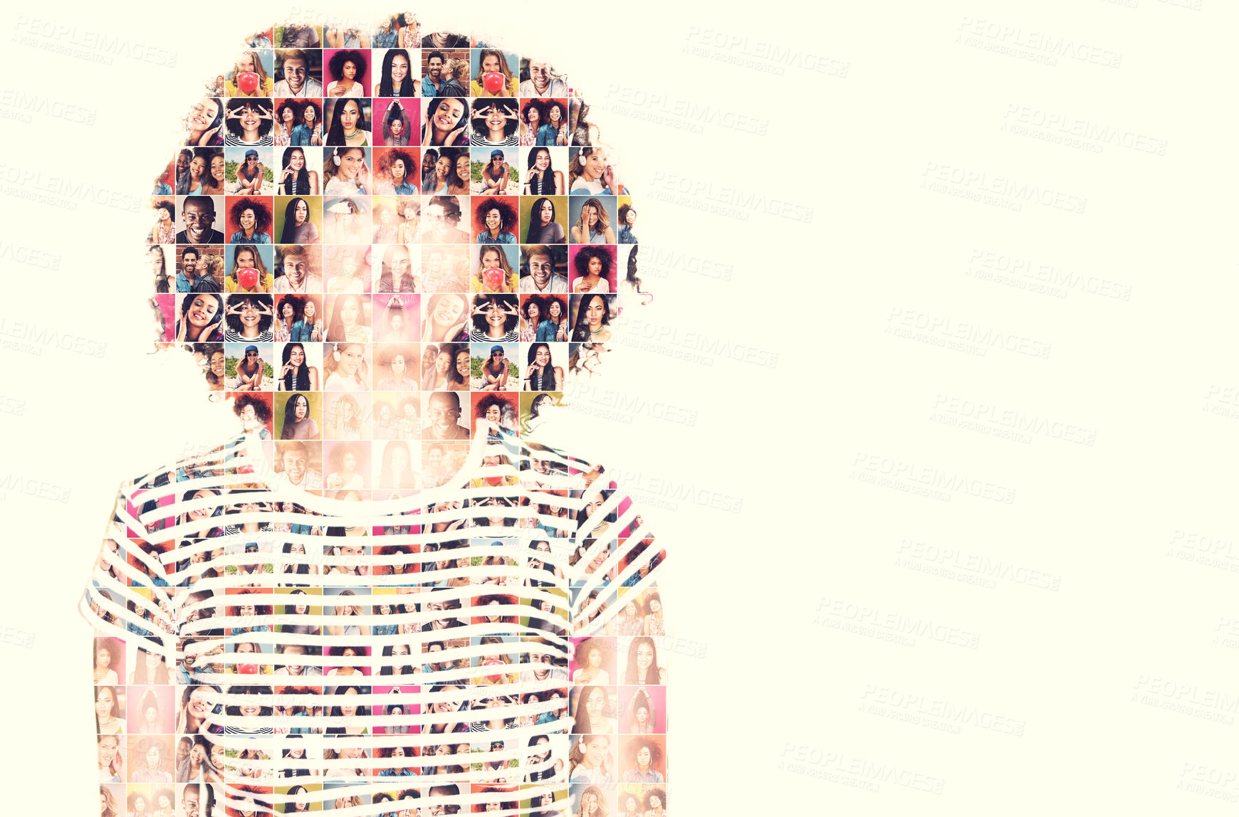 Buy stock photo Composite image of a diverse group of people superimposed on a woman's face