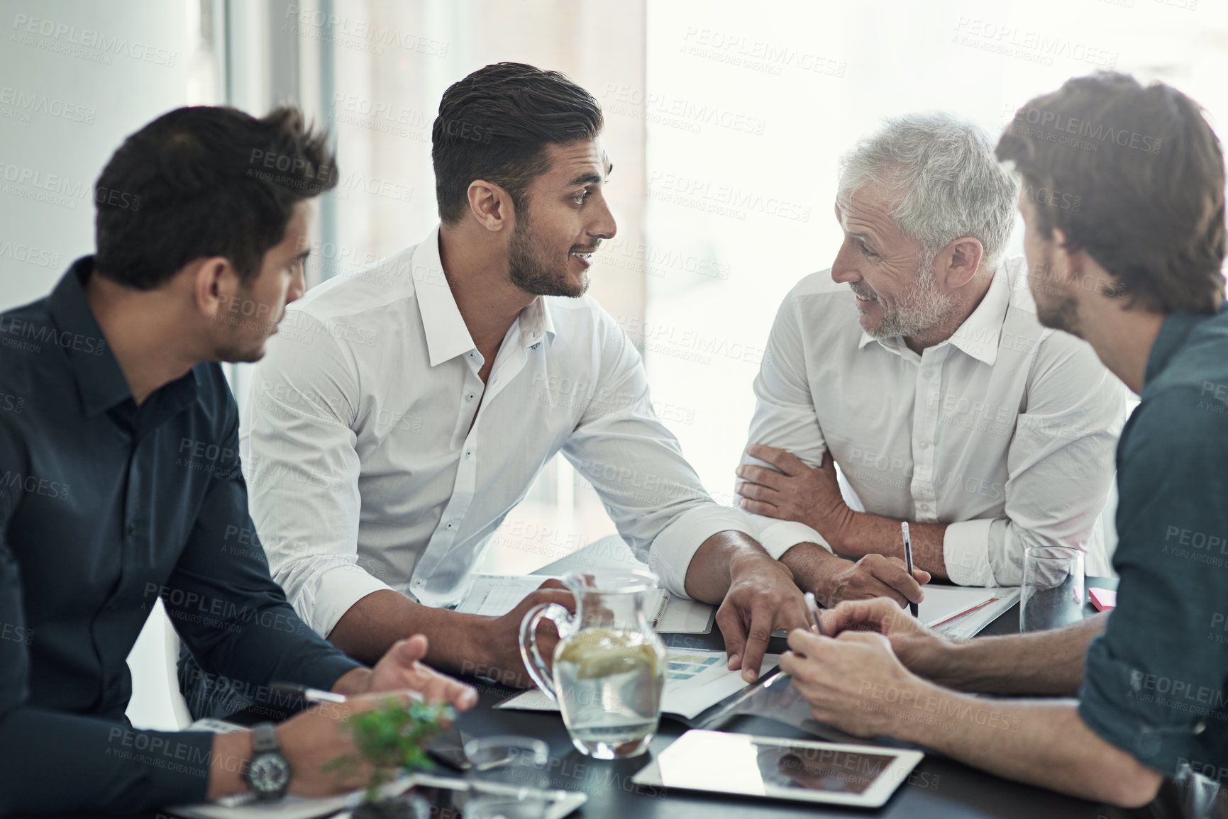 Buy stock photo Meeting, graph and business men with documents for discussion, collaboration and teamwork with manager. Office, corporate and people with paperwork and tablet for finance review, report and research