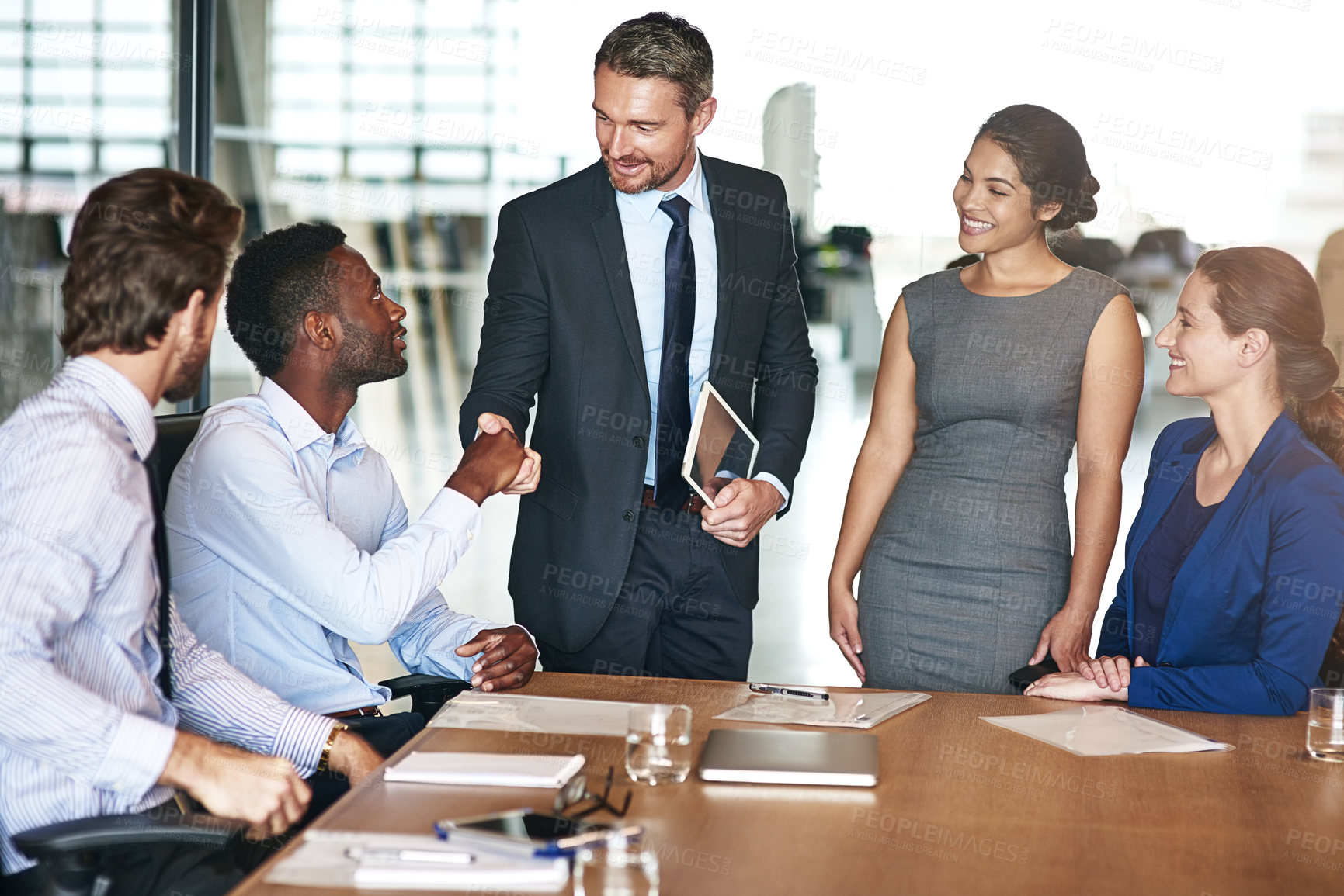 Buy stock photo Handshake, contract and business people in office with client for investment deal, offer or meeting. Discussion, negotiation and finance analysts shaking hands with corporate investor for onboarding