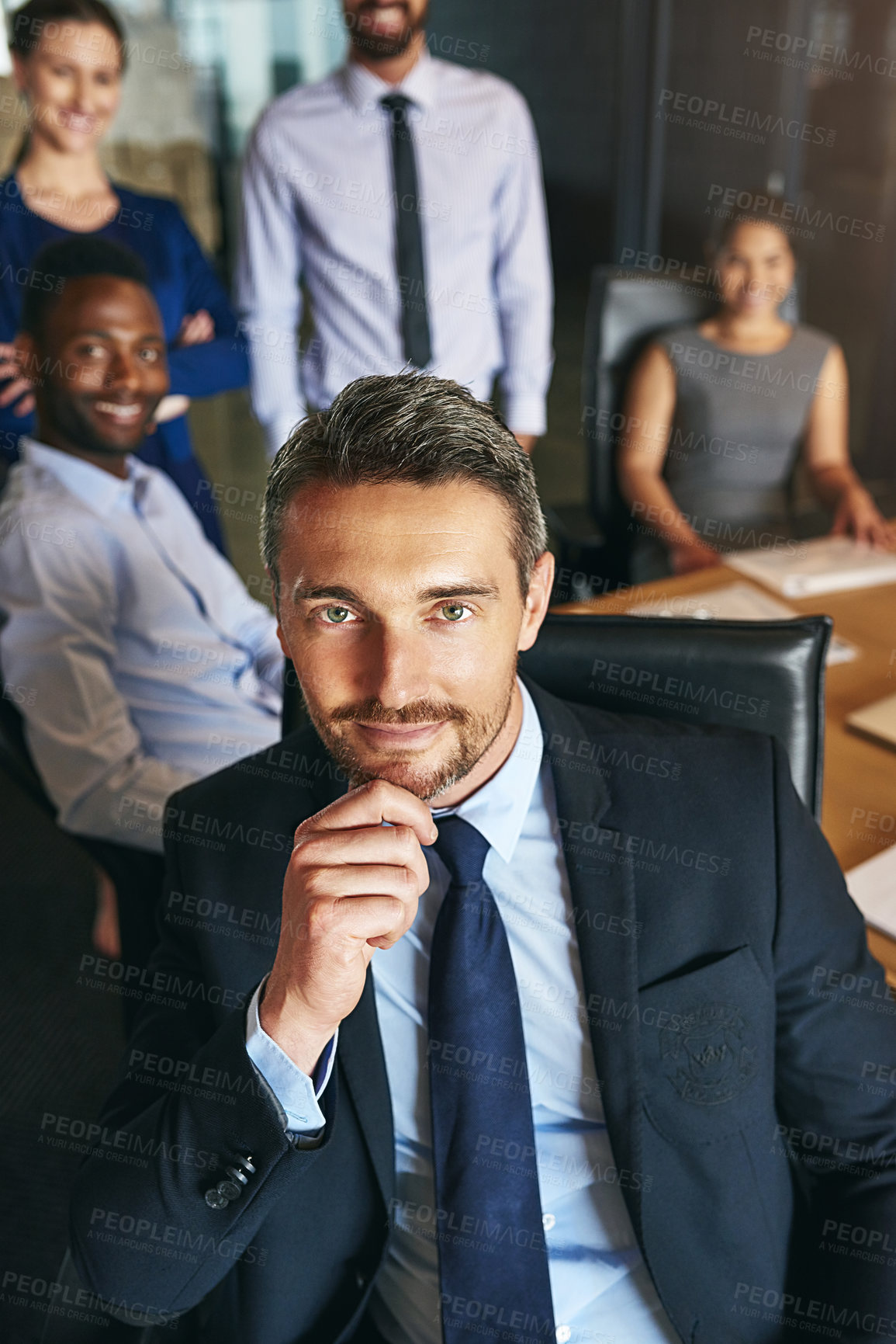 Buy stock photo Man, leader and business people in office portrait, about us and team confidence in boardroom. Male person, financial firm and proud meeting with company traders in workplace, together and leadership