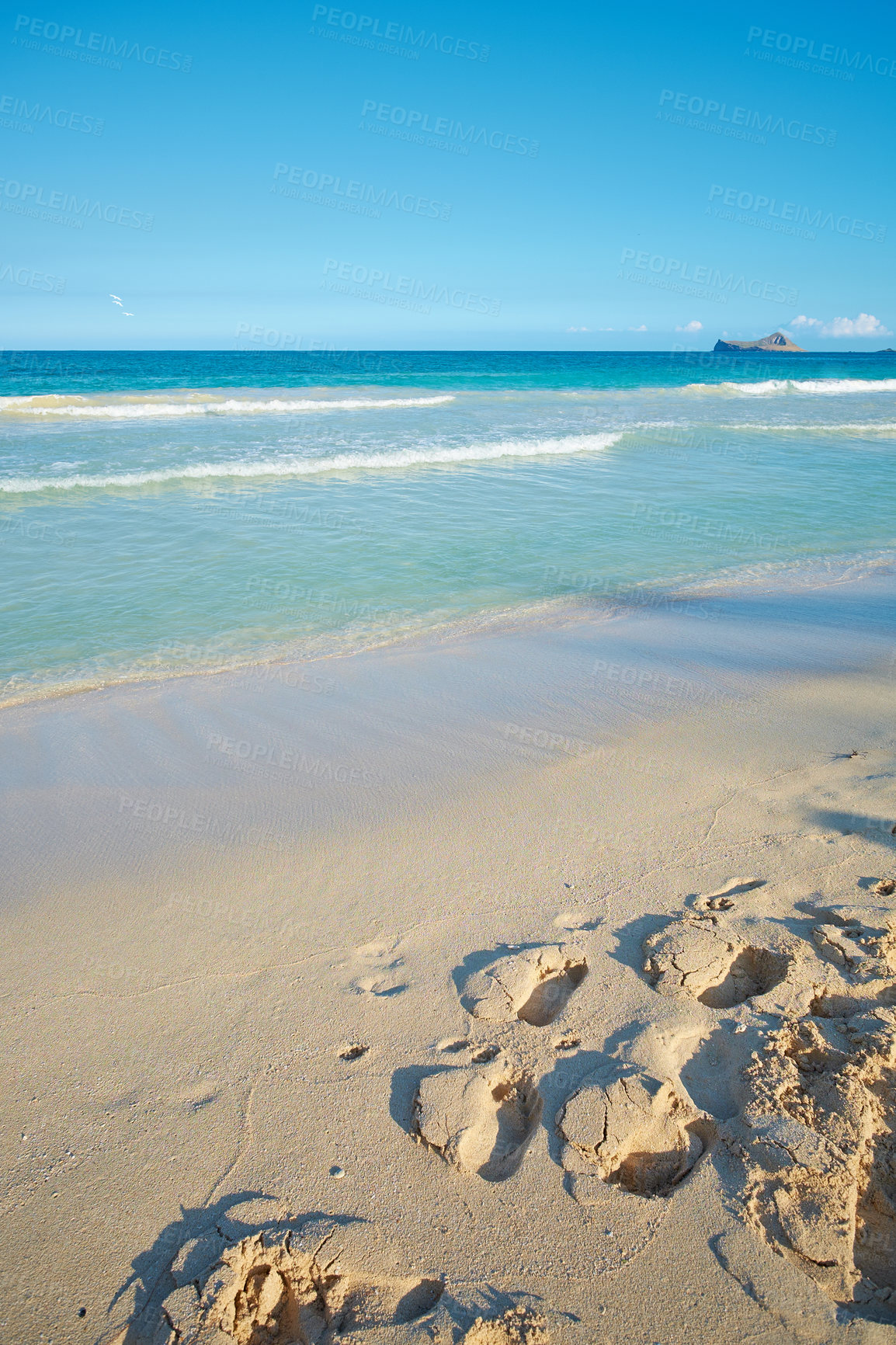 Buy stock photo Waves washing onto sandy beach shore with footprints on a tropical and exotic resort with clear blue sky background and copyspace. Relaxing summer seascape to enjoy a peaceful holiday