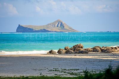 Buy stock photo Seascape, mountain and rock with beach and ocean for environment, travel destination and tropical. Summer vacation, water and nature with sea horizon for mediterranean coastline, holiday or paradise