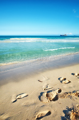 Buy stock photo Landscape, footsteps and sand with beach and ocean for environment, travel destination and tropical. Summer vacation, water and nature with sea horizon for mediterranean coastline, holiday and relax