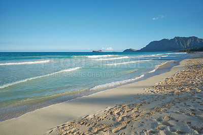 Buy stock photo Landscape, waves and sand with beach and ocean for environment, travel destination and tropical. Summer vacation, water and nature with sea horizon for mediterranean coastline, holiday and paradise