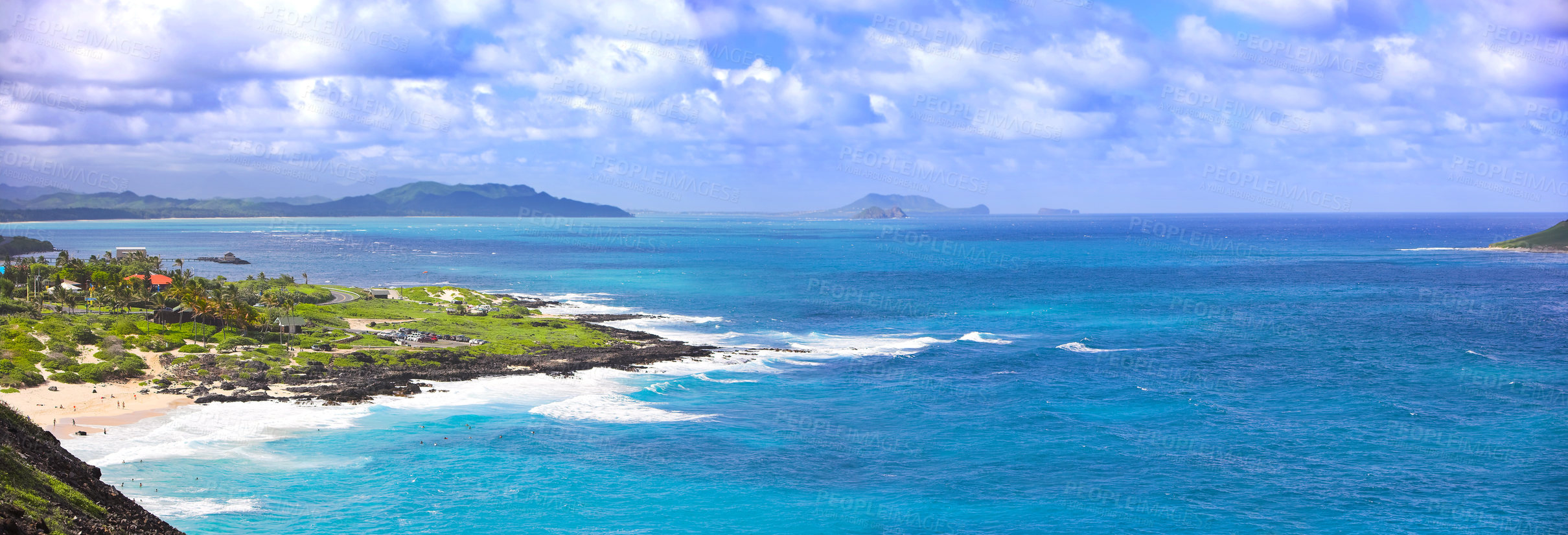Buy stock photo Landscape, ocean and island in banner for travel, luxury destination or resort in Hawaii. Seascape, beach or cloudy sky in summer for beach holiday, healthy environment or ecology for business wealth