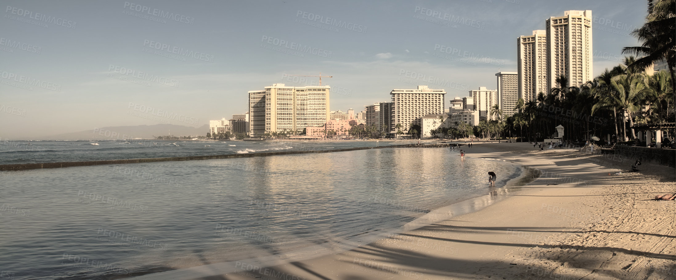 Buy stock photo Landscape, waves and building with beach and ocean for environment, travel destination and tropical. Summer vacation, water and sand with sea at Miami for coastline, holiday and paradise tourism