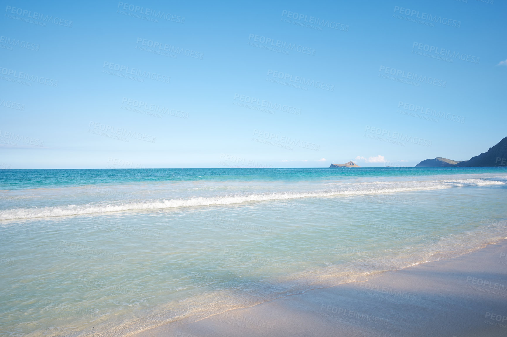 Buy stock photo Landscape, water and summer with beach and ocean for environment, travel destination and tropical. Island vacation, waves and nature with sea horizon for mediterranean coastline, holiday and paradise