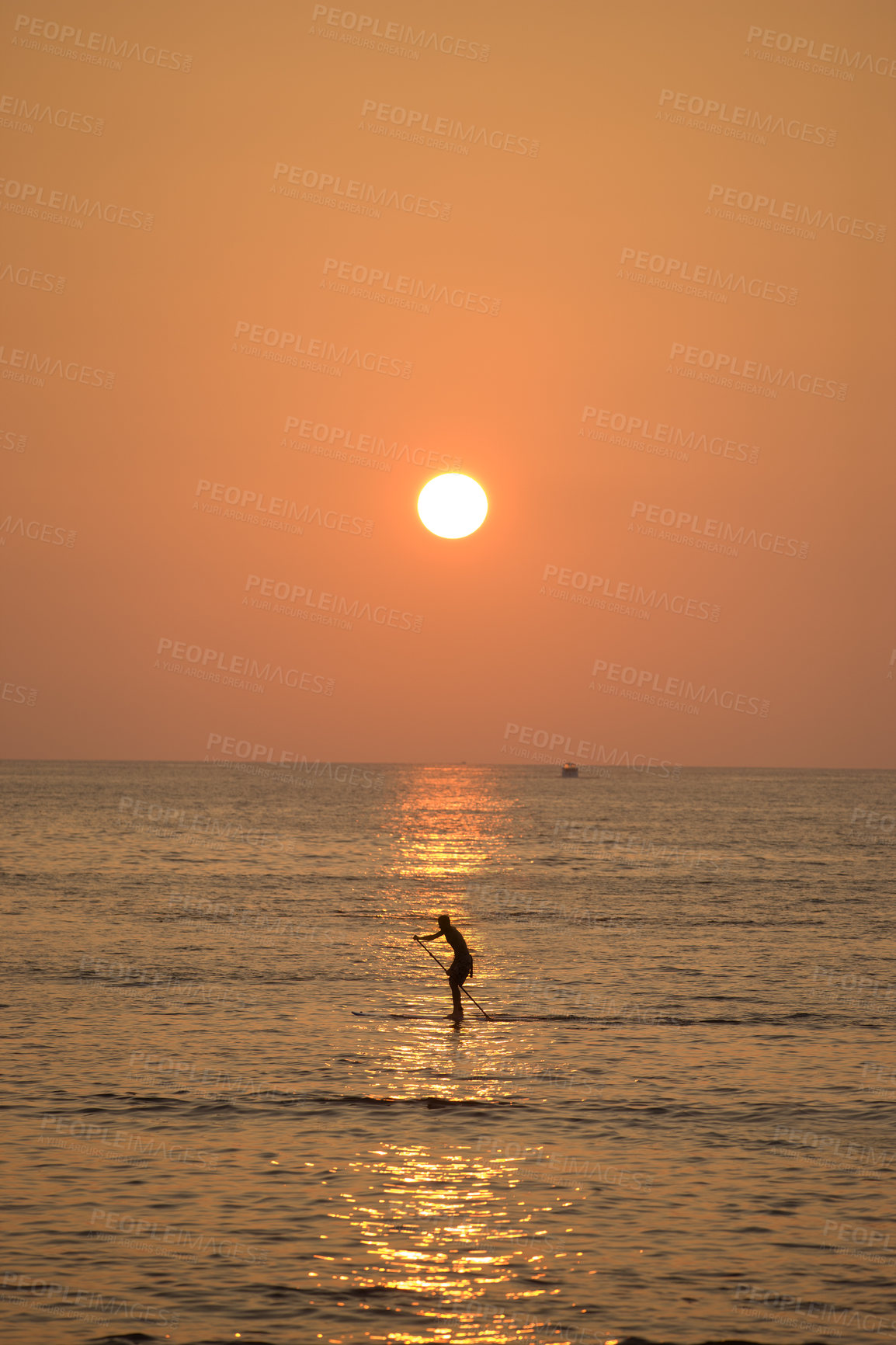 Buy stock photo Beach, person and paddle board with ocean, sunset and travel with vacation, Waikiki and getaway trip. Honolulu, tourist and traveller with recreation, seaside and activity with waves and adventure