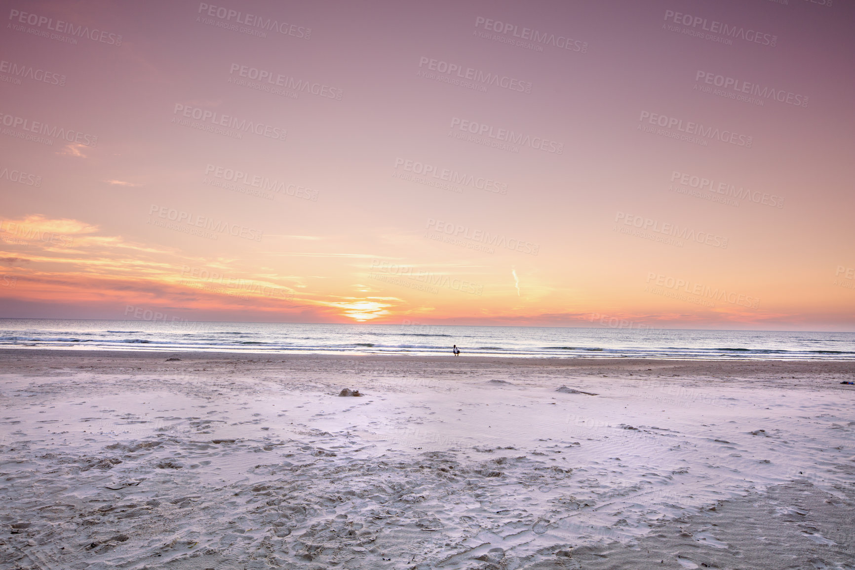 Buy stock photo Sunset, sand and horizon with beach and ocean for environment, travel destination and tropical. Summer vacation, water and nature with sea landscape for mediterranean coastline, holiday and mockup