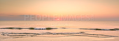 Buy stock photo Landscape, sunset and banner with beach and ocean for environment, travel destination and tropical. Summer vacation, water and nature with sea horizon for mediterranean coastline, holiday or paradise