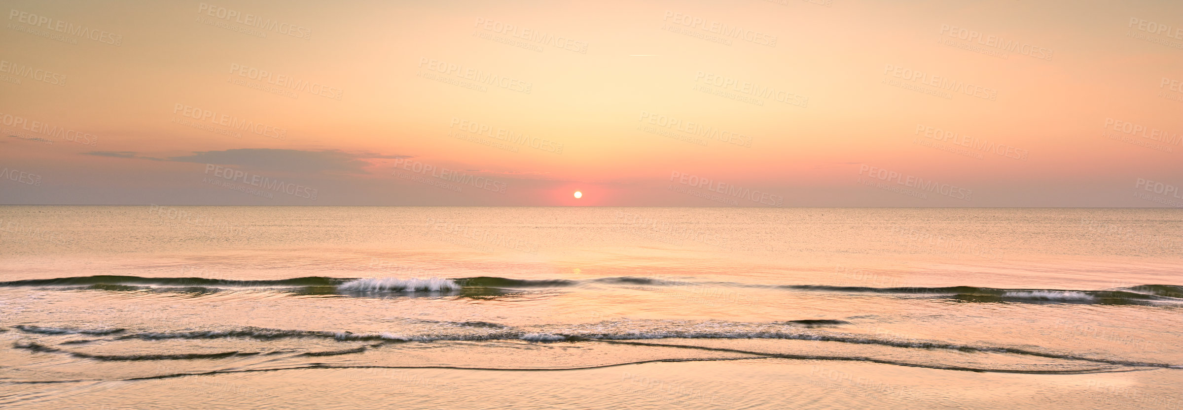 Buy stock photo Landscape, sunset and banner with beach and ocean for environment, travel destination and tropical. Summer vacation, water and nature with sea horizon for mediterranean coastline, holiday or paradise