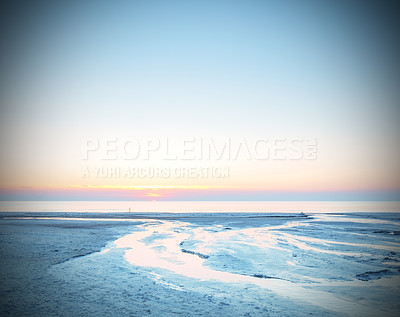 Buy stock photo Landscape, waves and mockup with beach and ocean for environment, travel destination and tropical. Summer vacation, water and nature with sea horizon for mediterranean coastline, holiday and paradise