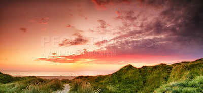 Buy stock photo Background, sunset and beach dune in environment for zen, nature and tropical island for travel or vacation. Sand, plants and bushes with shore sky, landscape and outdoor summer for holiday adventure