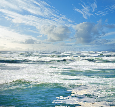 Buy stock photo Seascape, ocean and waves in nature for wallpaper, high tide and natural environment in California. Water, horizon and cloudy sky at coast for background, scenery or tranquility at travel destination