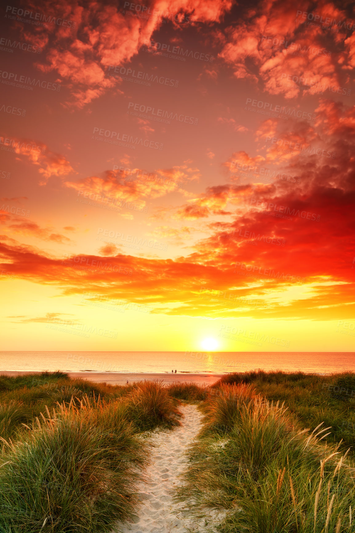 Buy stock photo Sunset at Beach and ocean -  Jutland, West Coast, Denmark