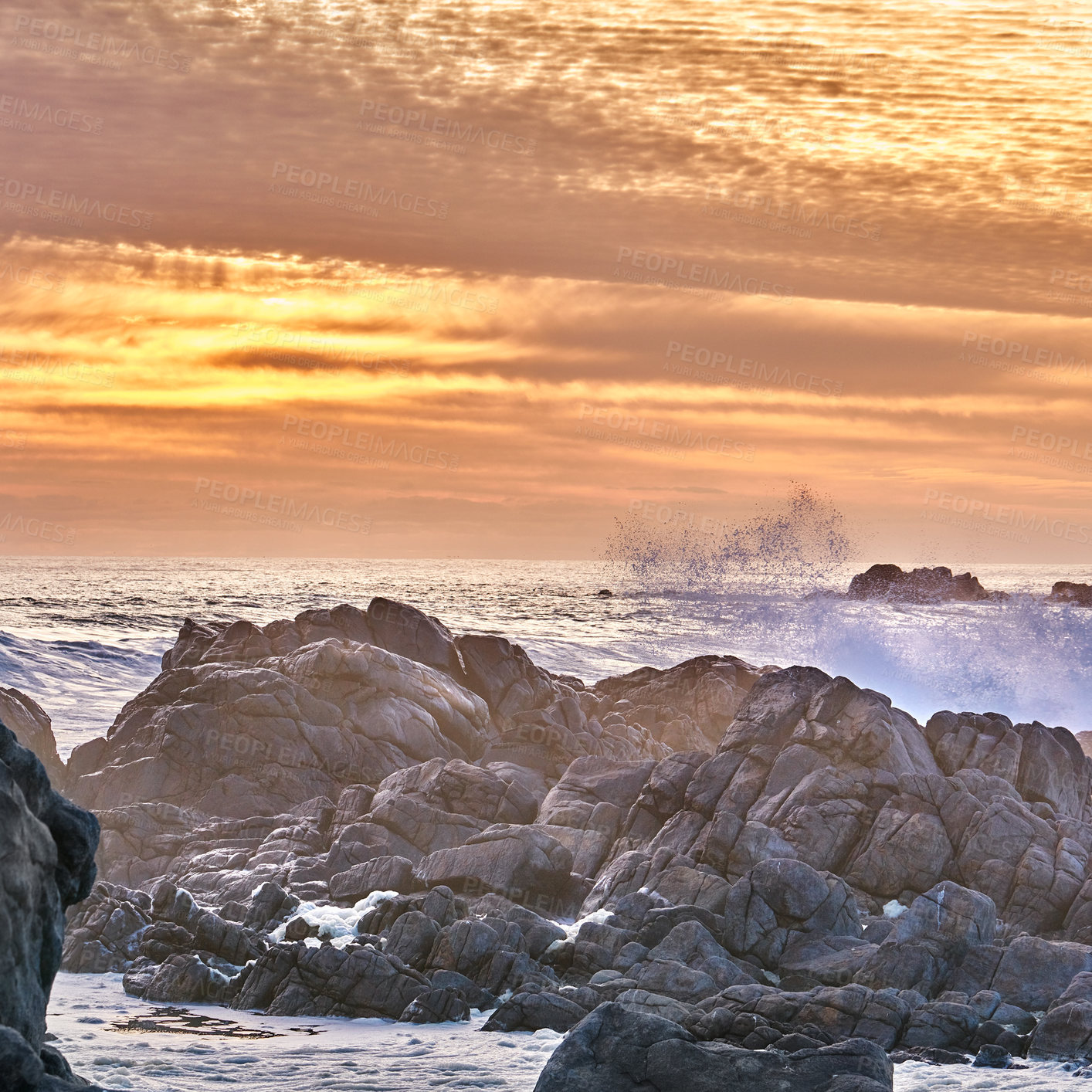 Buy stock photo Sunset, summer and rock with beach and ocean for environment, travel destination and tropical. Island vacation, water and nature with sea landscape for mediterranean coastline, holiday and paradise