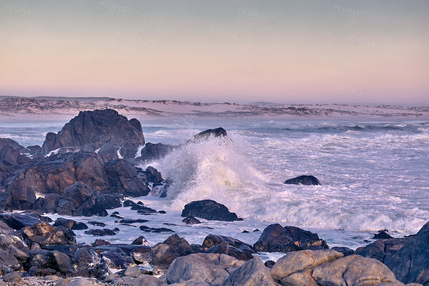 Buy stock photo Outdoor, rocks and water in nature, beach and scenery of environment, waves and summer in destination. Sea, stones and location of ocean, tropical and adventure in morning, paradise and California