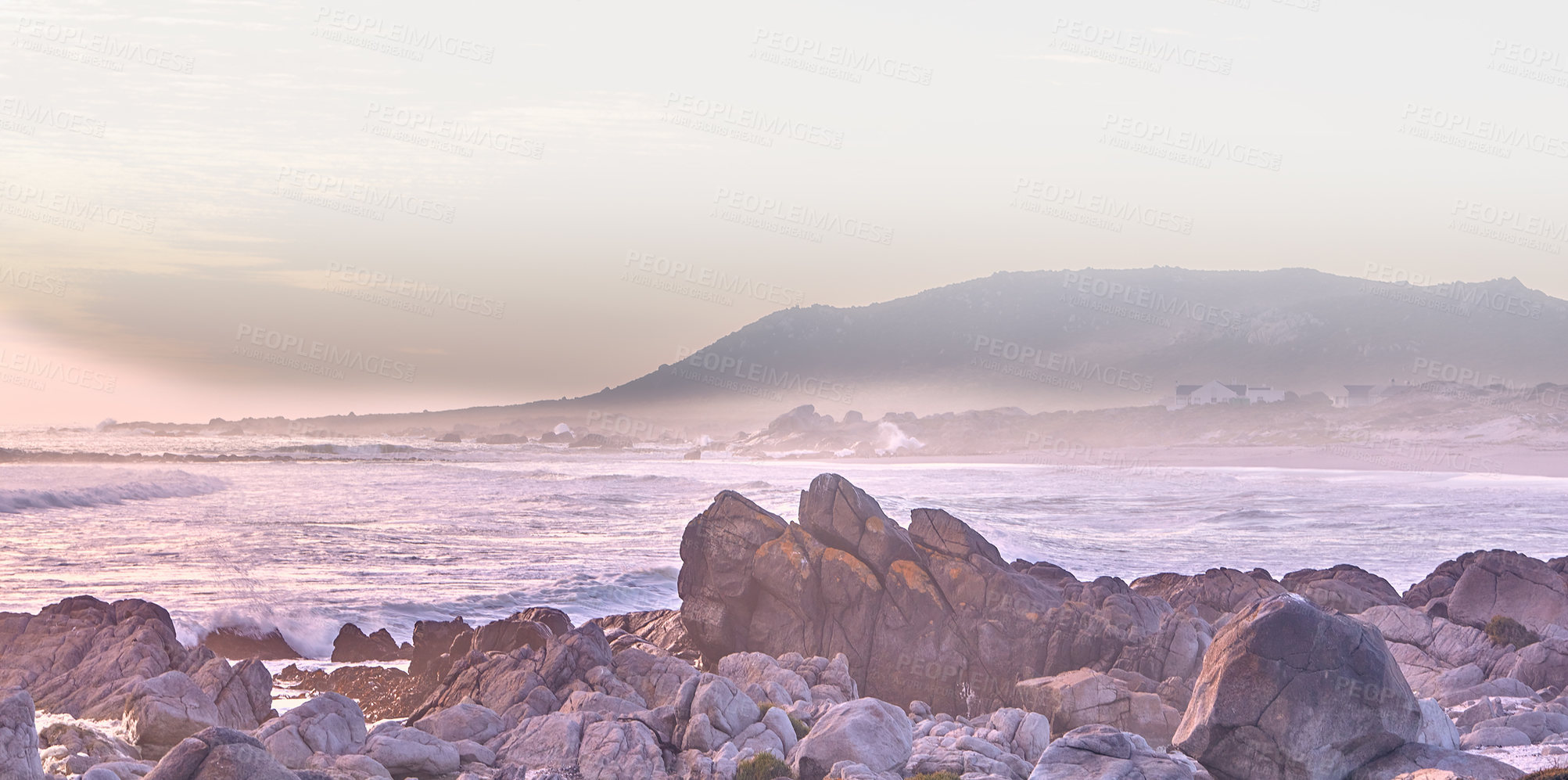 Buy stock photo Scenery, rocks and water in nature, beach and location  of environment, waves and summer in destination. Outdoor, stones and tide of ocean, tropical and adventure in morning, paradise and California