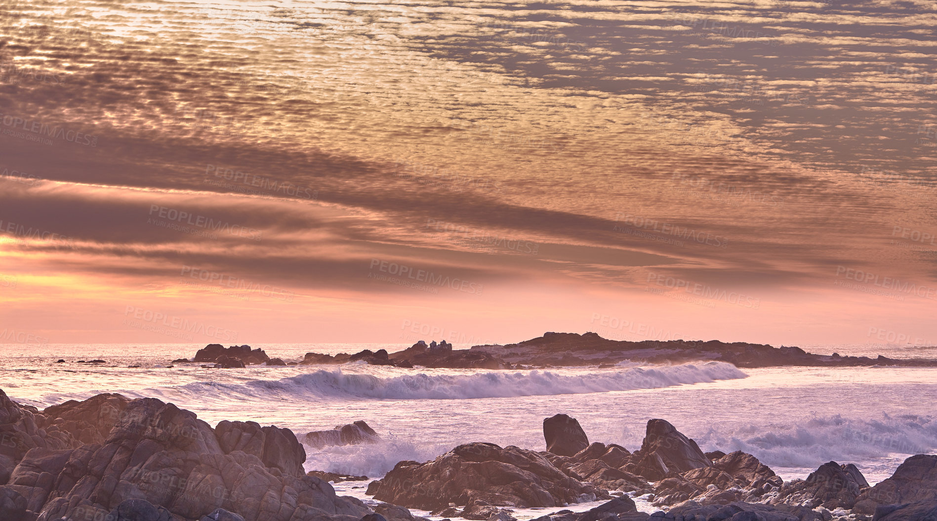 Buy stock photo Sunset, rocks and water in nature, beach and scenery of environment, waves and summer in destination. Outdoor, stones and location of ocean, tropical and adventure in morning, paradise and California